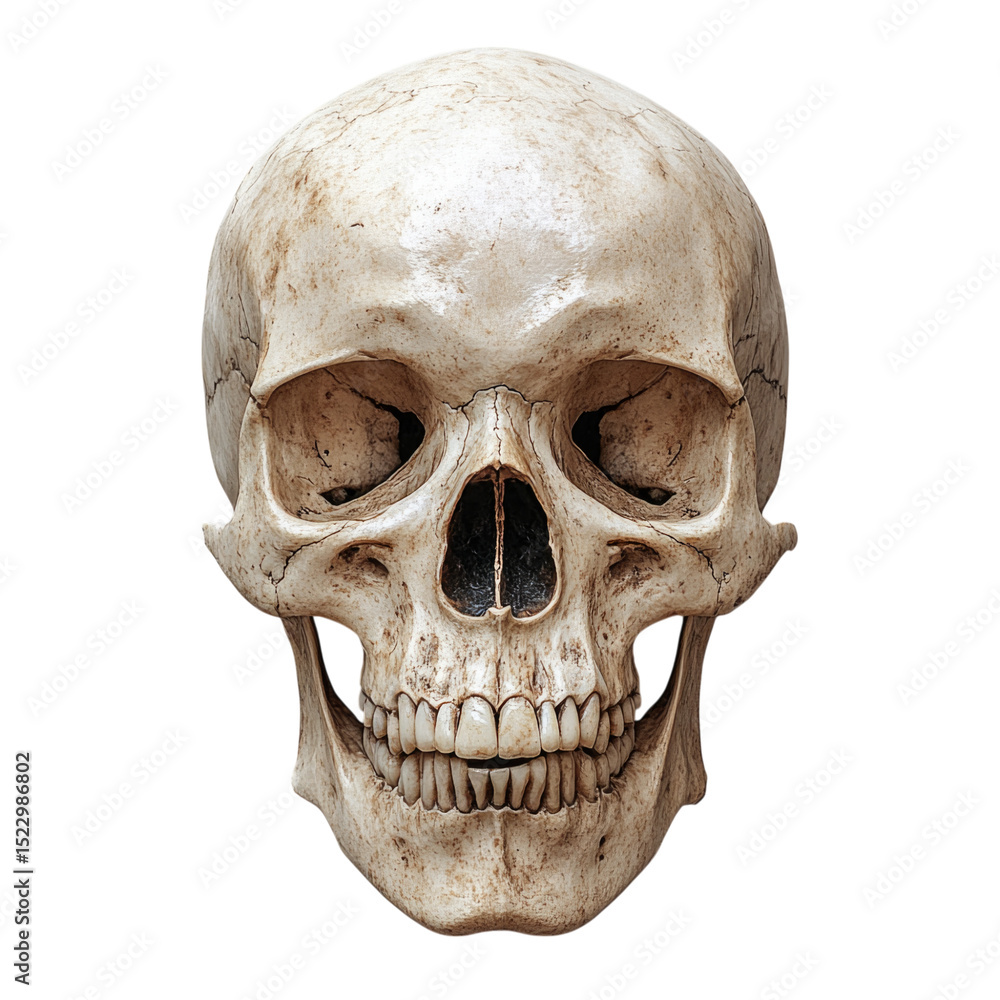 Obraz premium Human skull isolated on transparent background showcasing detailed bone structure, cutout PNG