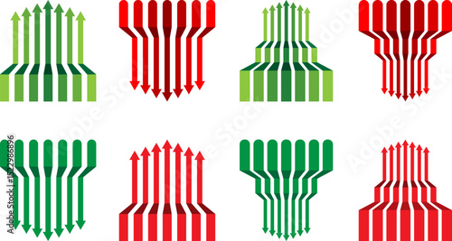 up and down trend arrow set in green and red colors for business, forex market bear, bull market, financial profit, money savings template