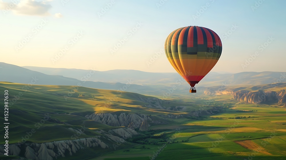 Fototapeta premium Colorful hot air balloon soaring over a valley of rolling hills.