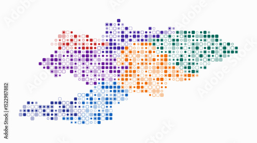 Kyrgyzstan, shape of the country built of colored cells. Digital style map of Kyrgyzstan on white background. Small size rounded square blocks. Modern vector illustration.