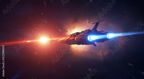A futuristic spacecraft traveling through space, emitting powerful beams of light.