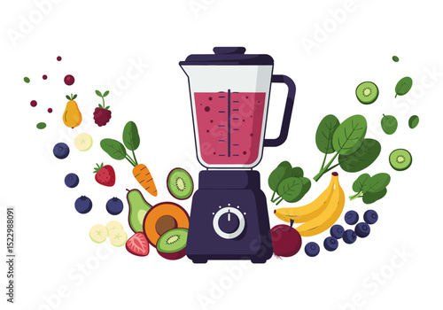 Flat vector of smoothie blender surrounded by fruits and leafy greens