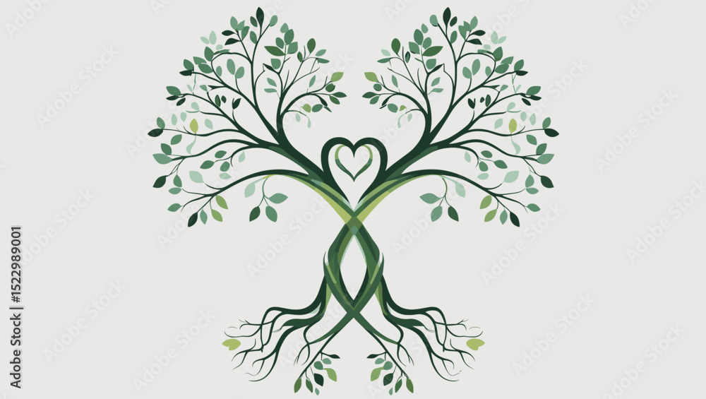 Fototapeta premium Artistic design of two intertwined trees forming a heart shape, representing love and nature, copy space