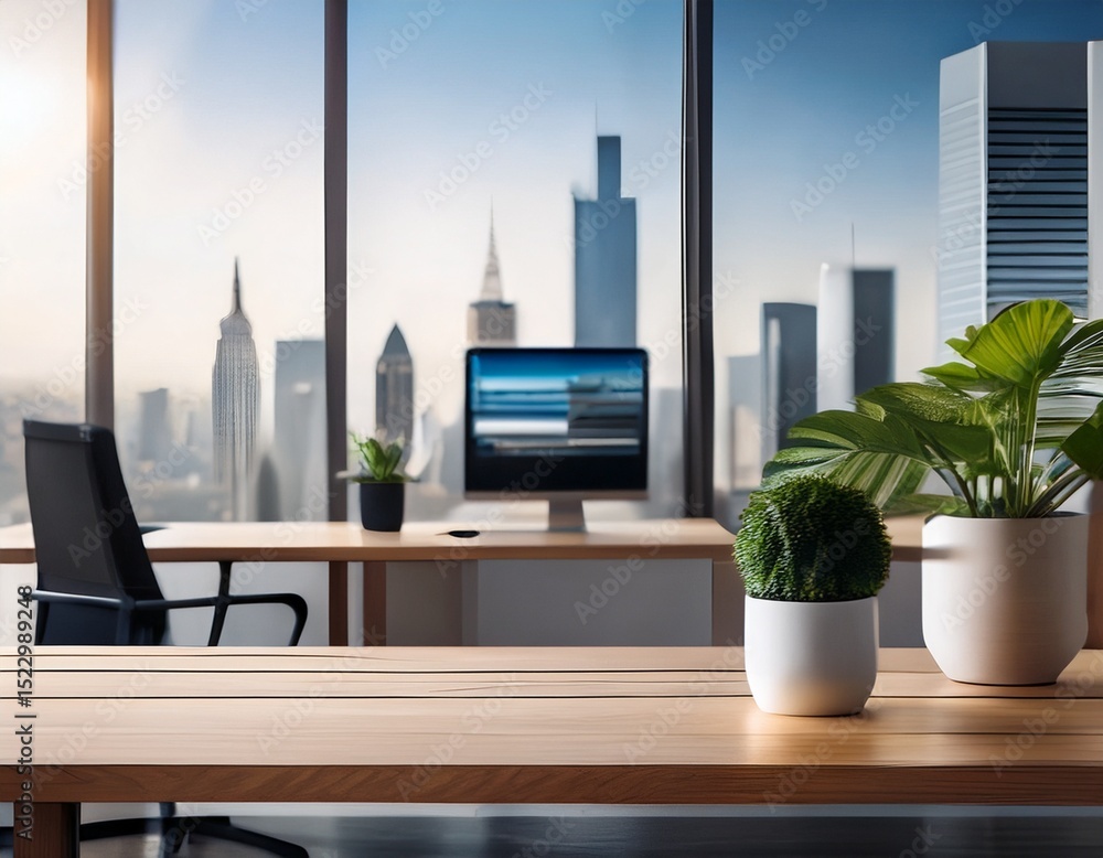 modern workspace with a view of skyscrapers and a plant on a wooden table modern workspace with a view of skyscrapers and a plant on a wooden table