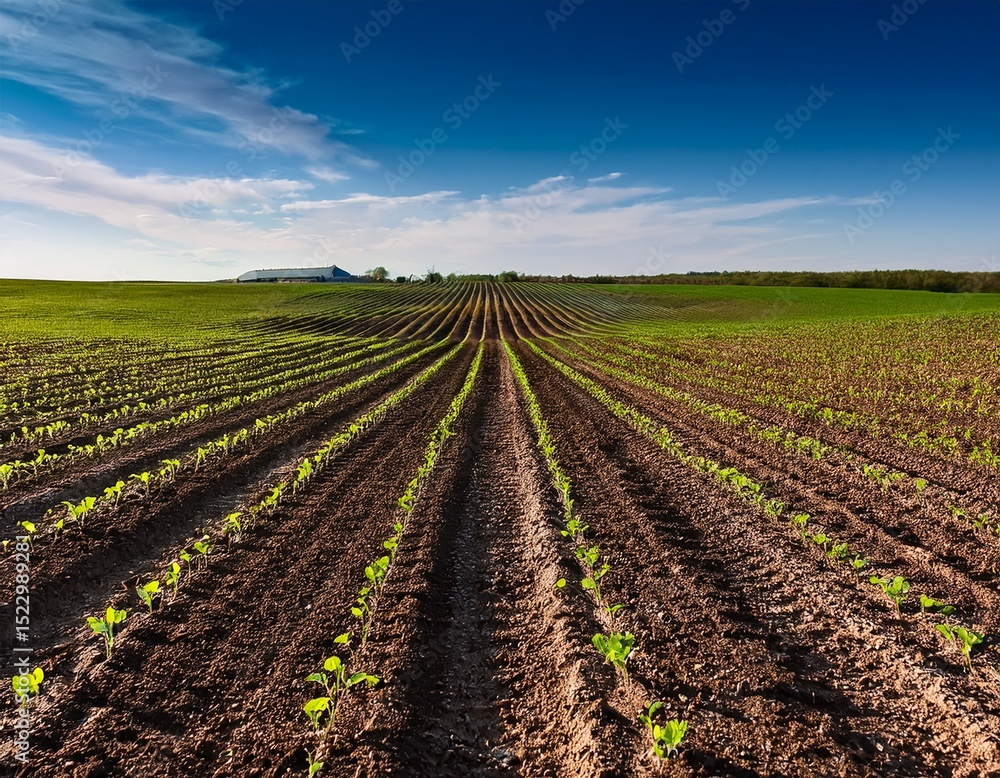 sprout field landscape young green plants emerging tractor distant blue sky rows sprout field landscape young green plants emerging tractor distant blue sky rows