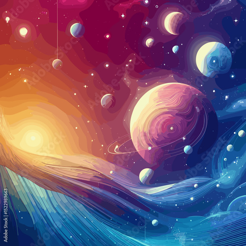 Vibrant cosmic scene with colorful planets and ethereal waves, showcasing the beauty of the universe, copy space