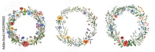 Watercolor set of wreaths of wildflowers. Various wildflowers woven into a round frame on a white isolated background. Nature and watercolor botany concept. Vector illustration.