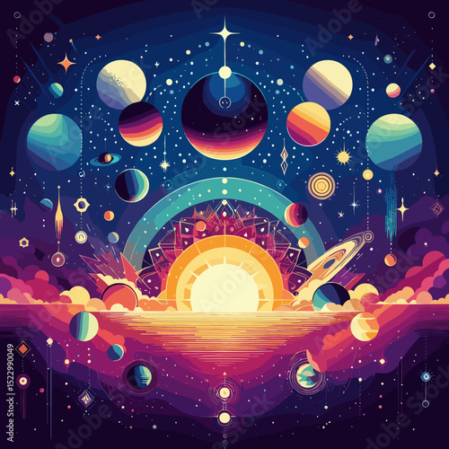 Vibrant cosmic scene with a rising sun, colorful planets, and celestial elements, illustrating the beauty of the universe, copy space