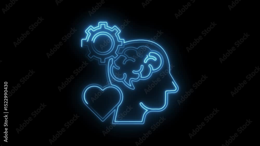 Neon brain icon with gear and heart rotating on black background represents mental health and emotions Neon brain icon with gear and heart rotating on black background represents mental health and emotions