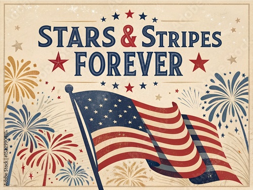 Vintage Retro-style Patriotic 4th of July Poster Featuring American Flags Fireworks Bold Typography and Red White Blue Graphics Perfect for Independence Day Designs and Promotions
