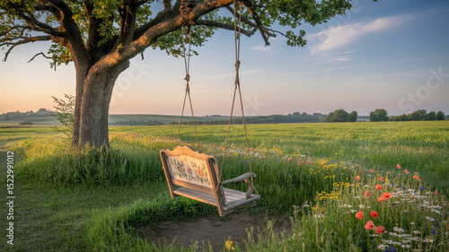 Fototapeta Naklejka Na Ścianę i Meble -  A beautiful wooden swing hanging from a tree in a peaceful summer meadow landscape
