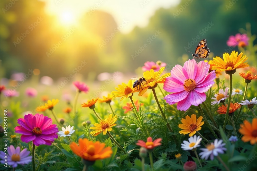 Obraz premium A sun-drenched mound of wildflowers bursting with vibrant summer blooms, attracting butterflies and bees Perfect for nature, summer, and floral themes , wallpaper, bees