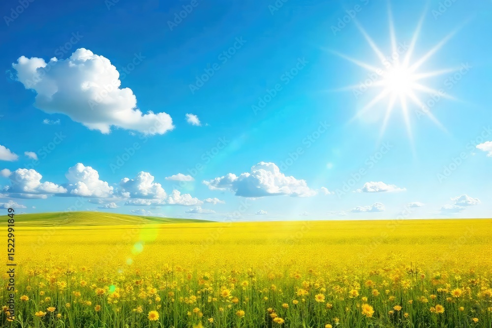 Obraz premium A vibrant summer scene featuring a bright blue sky, fluffy white clouds, and a vast, flat expanse of land under a radiant sun, perfect for travel and vacation themes , wallpaper, pattern