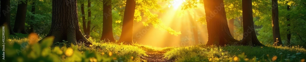 Obraz premium Golden sunlight streams through leaves, dappling the forest floor with warm, radiant light Perfect for nature, wellness, and spring themes A tranquil scene of peaceful sunshine , leaves, sunlight