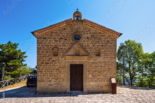 front view of the San Cataldo chapel, Pietrapertosa, Dolomites Lucane, Potenza, Basilicata