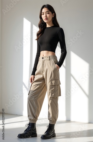 Full body shot, Korean woman, wearing a black ribbed knit long sleeve top, beige relaxed-fit cargo pants (elegant cut), minimalist white studio, soft shadows, modern utilitarian chic.