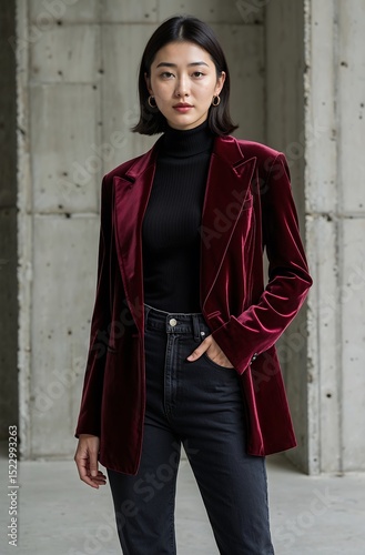 Full body shot, Korean woman, wearing a deep burgundy relaxed velvet blazer, black turtleneck thin knit, black straight-leg jeans, minimalist concrete studio, rich elegant casual.