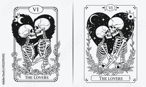 Skeleton Lovers Embracing Under the Sun and Moon: The Lovers Tarot Illustration with Floral and Celestial Details