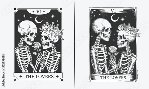 Skeleton Lovers in the Moonlight: The Lovers Tarot Illustration with Floral Crowns and Celestial Symbols