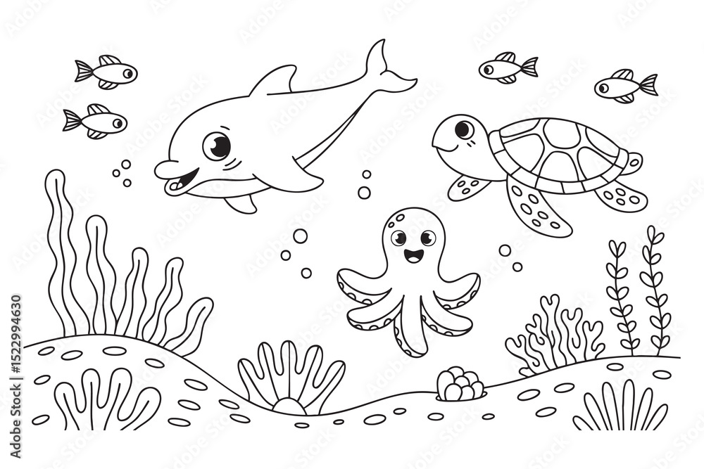 Fototapeta premium Adorable ocean animals coloring page cute dolphin turtle octopus fish