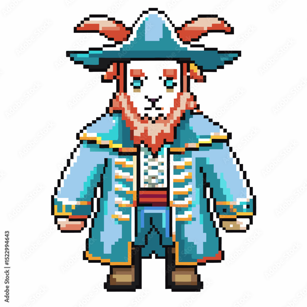 Fototapeta premium pixel art wizard goat character in blue robe with hat and beard