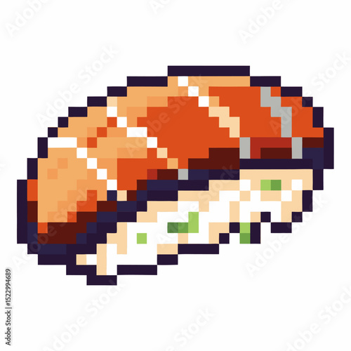 pixel art sushi piece tuna nigiri with rice and nori seaweed details retro digital food illustration