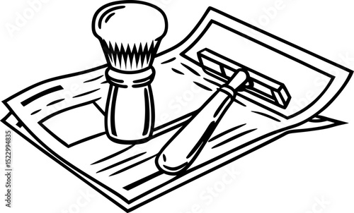 Traditional shaving tools brush, razor on newspaper classic grooming kit illustration