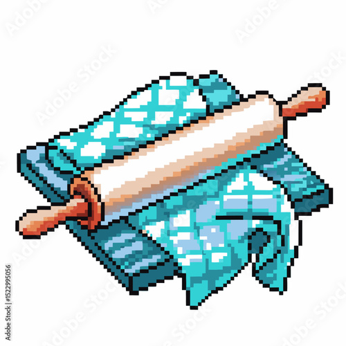 Pixel art rolling pin and blue cloths for baking enthusiasts