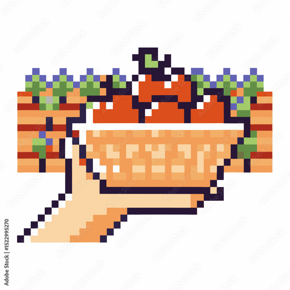 Fototapeta premium Pixel art hand holding basket of apples, vibrant backyard garden with tomato plants