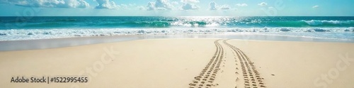 Tire tracks leading to a pristine beach, undisturbed sand, ocean waves, tranquil scene, summer vacation, coastal escape , peaceful, serenity, solitude