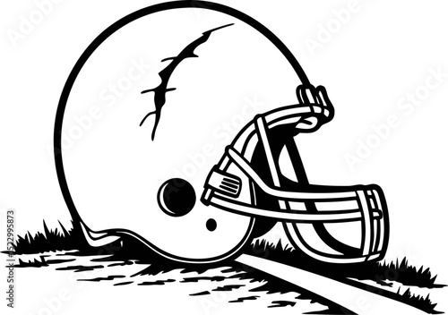Vintage american football helmet illustration on grass terrain cracked design for sports nostalgia and history