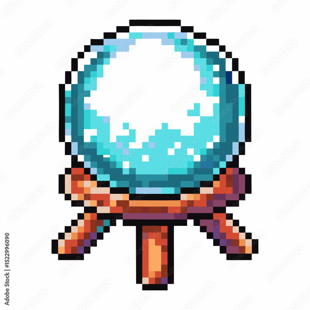 Obraz premium Pixel art crystal ball on wooden stand retro 8 bit gaming style, mystical fortune telling theme