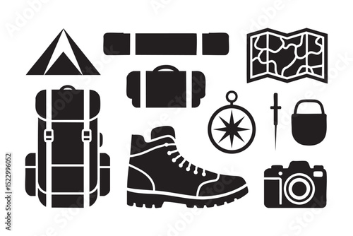 Essential camping and hiking gear icons