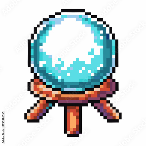 Pixel art crystal ball on wooden stand retro 8 bit gaming style, mystical fortune telling theme