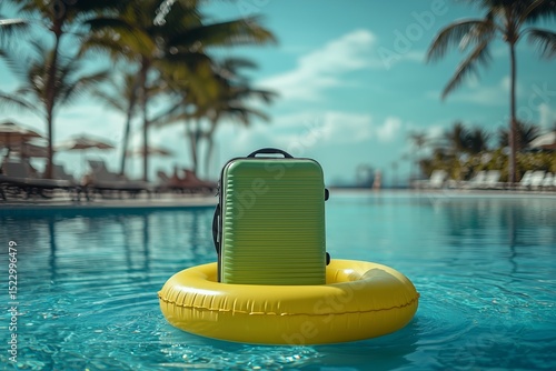 Green travel suitcase in a yellow inflatable ring floating on a blue swimming pool in a tropical resort setting.