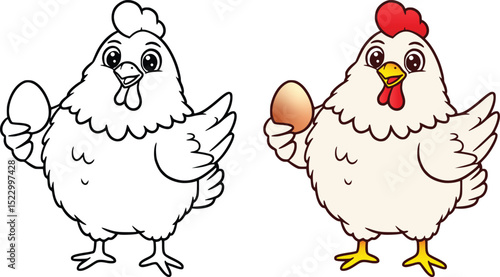 Two cartoon chickens, one in black and white and one in color holding an egg, cheerful farm animal illustration