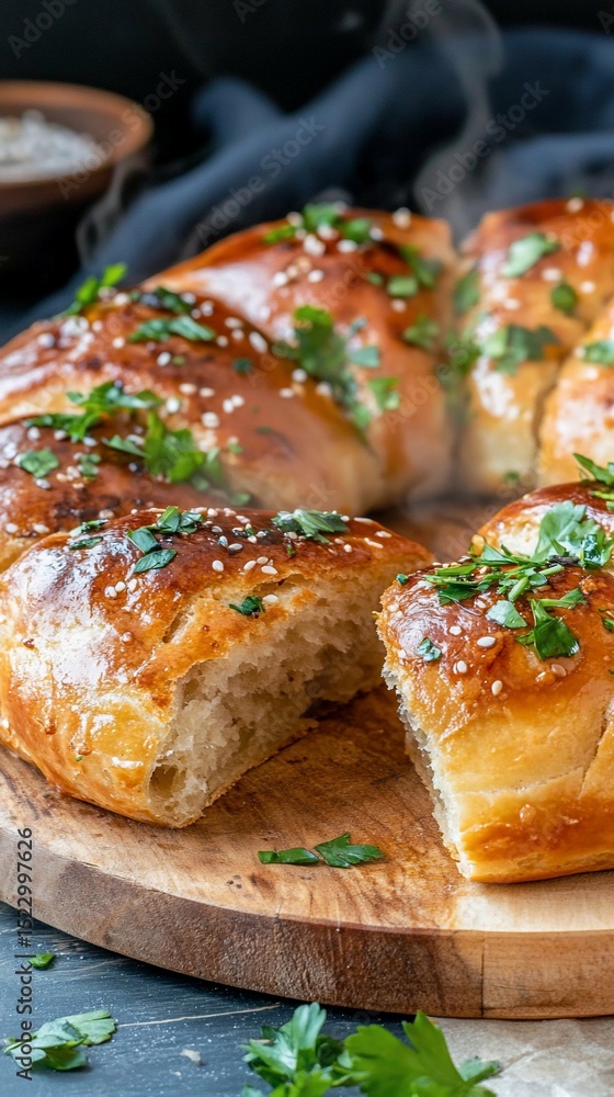 Warm, golden pull-apart bread ring, generously seasoned with herbs and sesame seeds, sliced and steaming on a wooden board Warm, golden pull-apart bread ring, generously seasoned with herbs and sesame seeds, sliced and steaming on a wooden board
