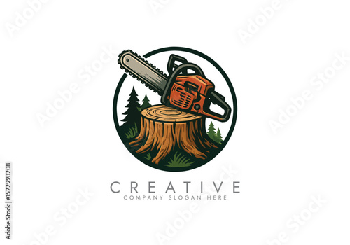 chainsaw logo tool ,Chainsaw and Tree Stump Emblem vector illustration logo design