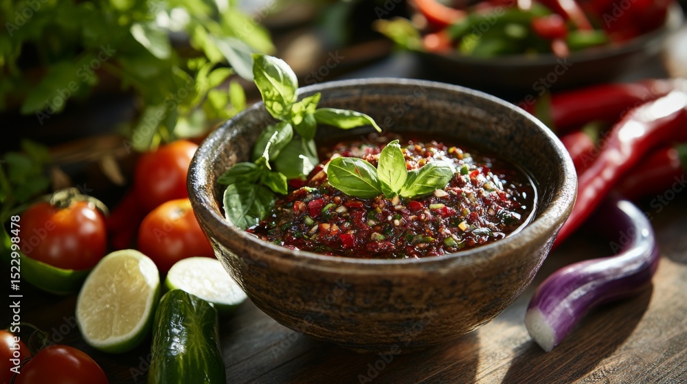An artistic shot of a traditional Thai chili dip served in a rustic bowl, with an array of fresh vegetables for dipping, highlighting the colorful and appetizing presentation. An artistic shot of a traditional Thai chili dip served in a rustic bowl, with an array of fresh vegetables for dipping, highlighting the colorful and appetizing presentation.