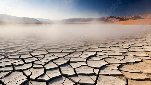 A dry, cracked earth surface under a clear blue sky. Dust rises in the distance, indicating arid conditions. The landscape is barren and desolate.