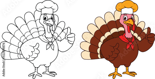 Two cartoon turkeys with chef hats and bow ties, smiling and giving thumbs-up in a fun thanksgiving illustration