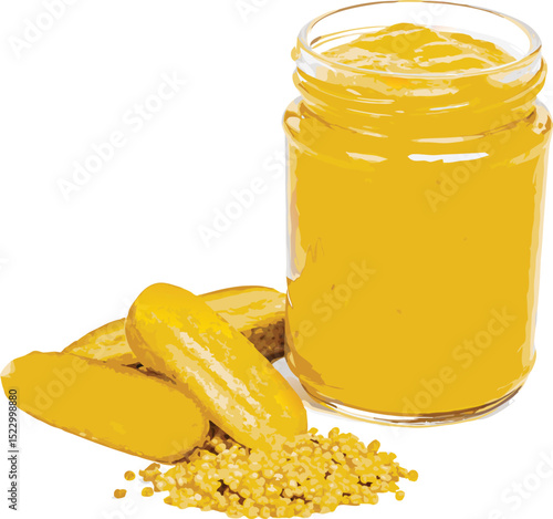 Illustration of Mustard Jar with Pickles and Mustard Seeds on White
