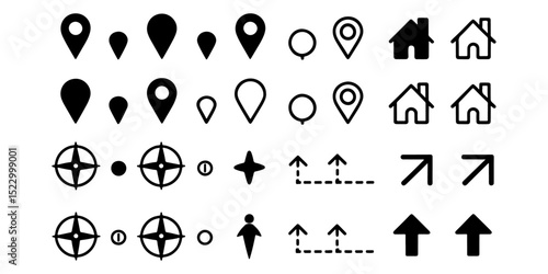 Collection of Location, Navigation, and Home Icons Simple Black Vector Graphics for UI Design