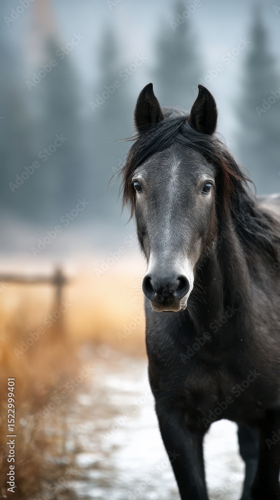 Majestic black horse walking along a foggy trail in a serene landscape with tall grass and trees in the background during early morning Majestic black horse walking along a foggy trail in a serene landscape with tall grass and trees in the background during early morning