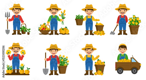 Cartoon Farmers with Various Crops and Tools in Different Poses