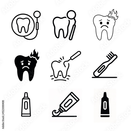 Dental Care and Toothache Vector Icon Set isolated on white background
