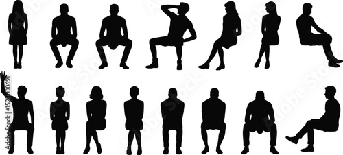 Silhouettes of sitting and standing people, men and women in various poses, black vector illustration