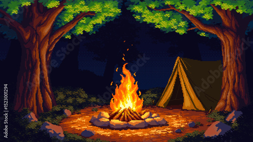 Pixel art vector of a forest campsite at night with a burning campfire and a tent under trees. Warm light contrasts with the dark background. Stylized and atmospheric scene.