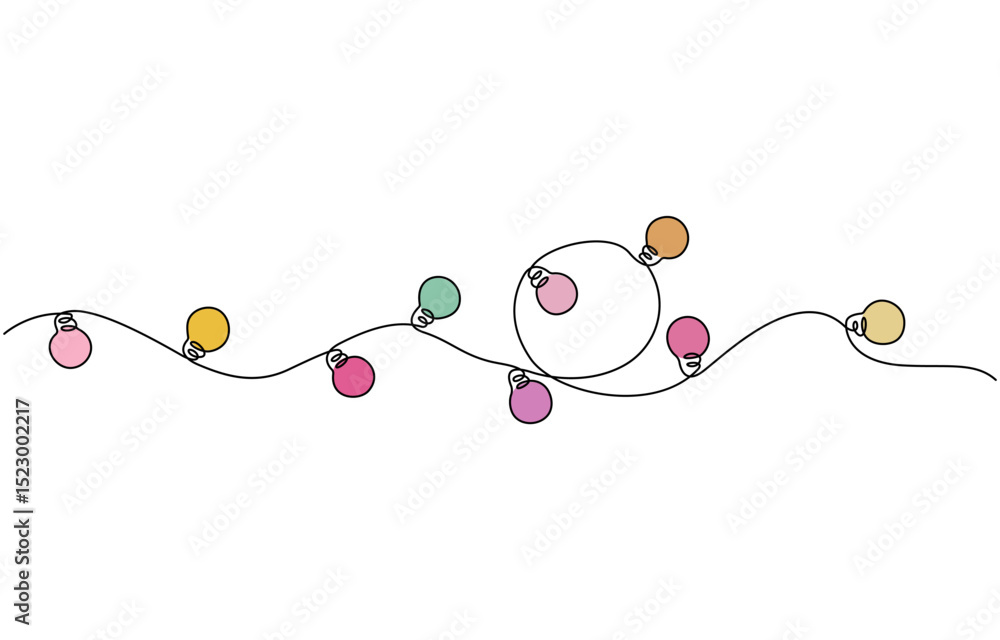 Continuous one line drawing of Christmas garland with light bulbs, Festoon, garland with bulbs drawing with one continuous line. Festive, Christmas garland in simple linear style. Continuous one line drawing of Christmas garland with light bulbs, Festoon, garland with bulbs drawing with one continuous line. Festive, Christmas garland in simple linear style.