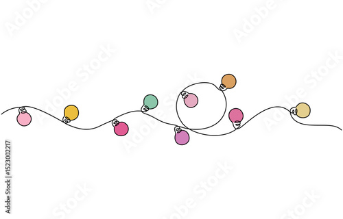 Continuous one line drawing of Christmas garland with light bulbs, Festoon, garland with bulbs drawing with one continuous line. Festive, Christmas garland in simple linear style.